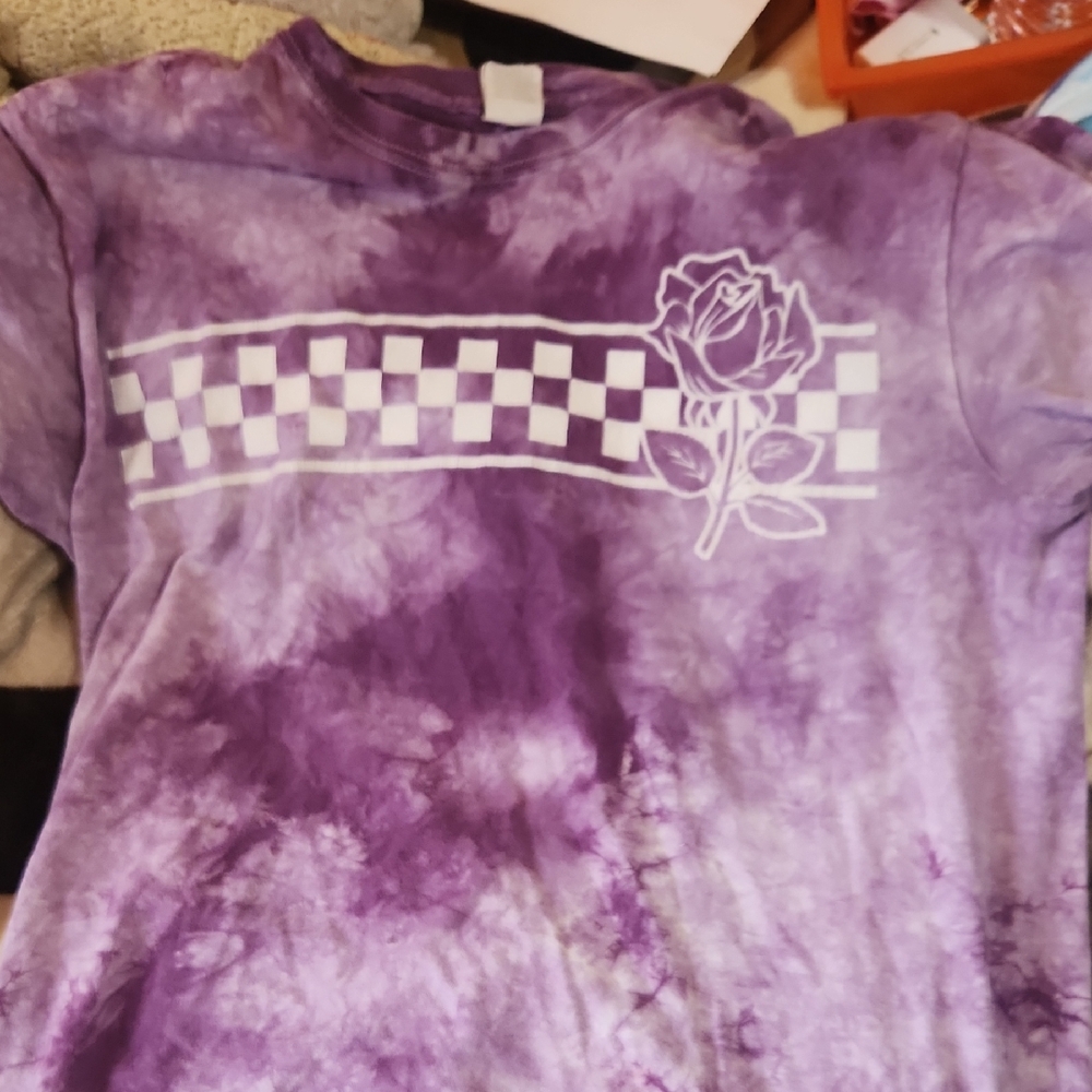 Gildan Purple Tie-Dye Kids Tee with Rose and Checkered Design